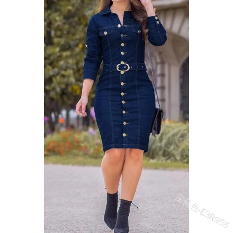 Hot Sale Spring Autumn Womens Casual Dresses Button Up Belted Long ...