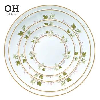 Wholesale Fresh Garland Decal Dinner Set Wedding Rental Ceramic Decor Charger Handmade Bone China Flowery Dinnerware For Party