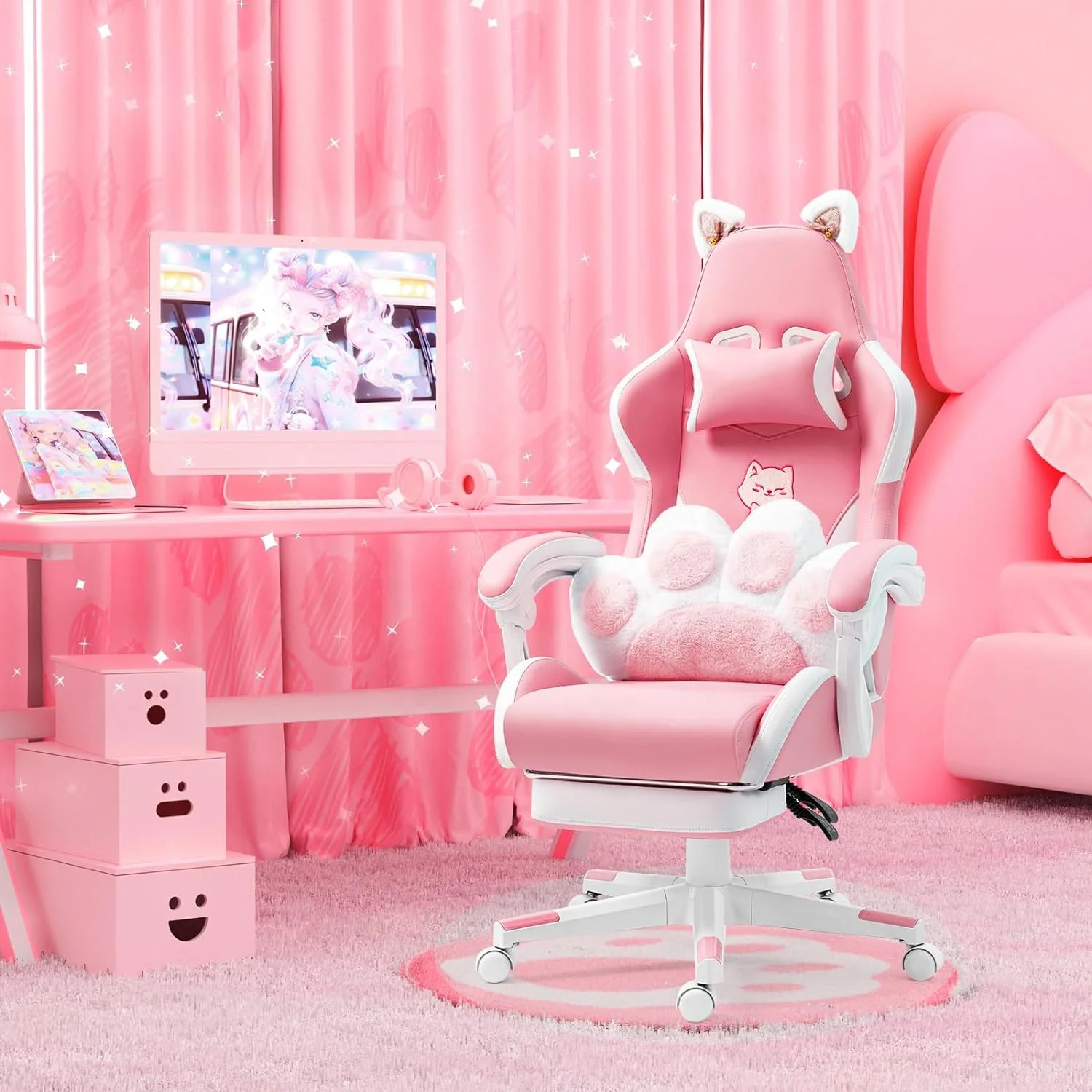 Hello Kitty Pink Gaming Chair Pink White Leather Home Office Women Girl