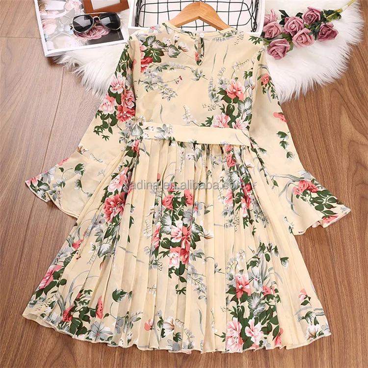 2023 Pleated Dress Girl Floral Printing Girls Long Sleeves Dresses