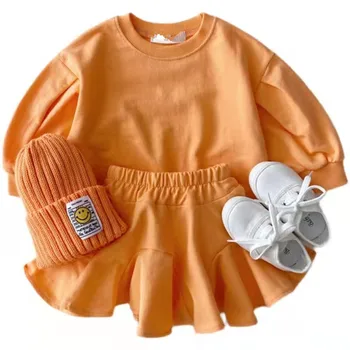 Wholesale Toddler Baby Girl Children Long Sleeve Solid Hoodie Sweatshirt Top Skirt Clothing Set