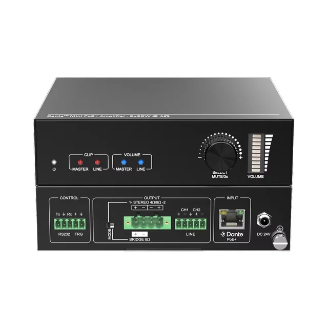 Compact 60W Mini Power Amplifier Bridgeable Home HI-FI Dante Networked 24V DC/PoE+ Remote Trigger Metal Material for Stage