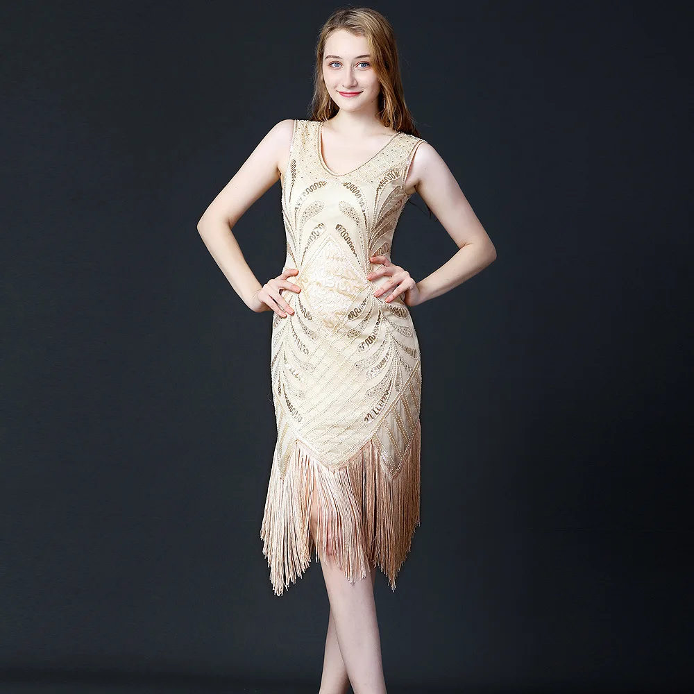 Yi Women Plus Size Vintage Sequin Beaded Tassel Party Dress Woman Party  Dance Dress