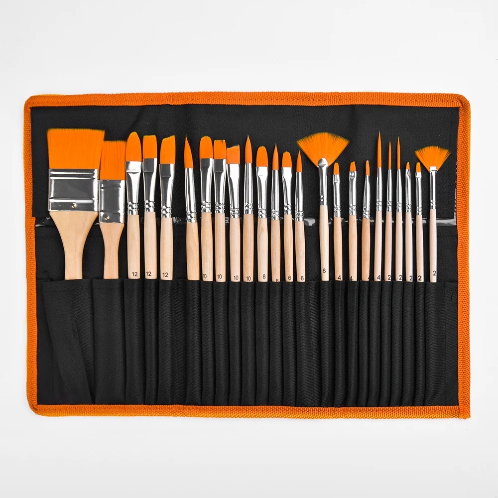 24PCS Nylon Wool Brush High Quality Wood Large Paint Brush Kit Gouache Acrylic Painting Brush Pen Set with Bag