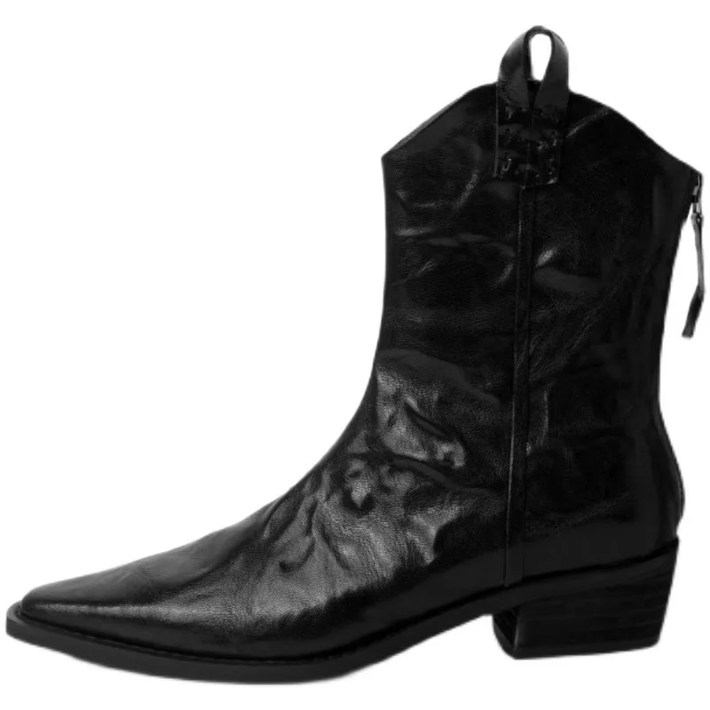 2024 New Style Leather Cowboy Western Boot Pointed Toe Thick Heel Chealsea Ankle Boots For Women - Image 5