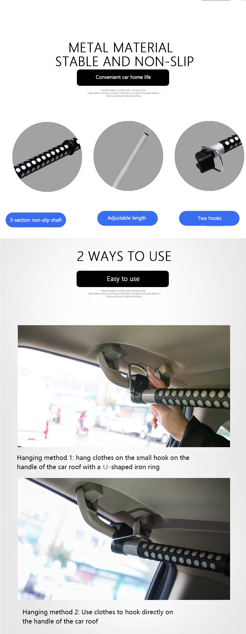 Car Clothes Hanger Metal Adjustable Car Clothes Hanger Bar For All