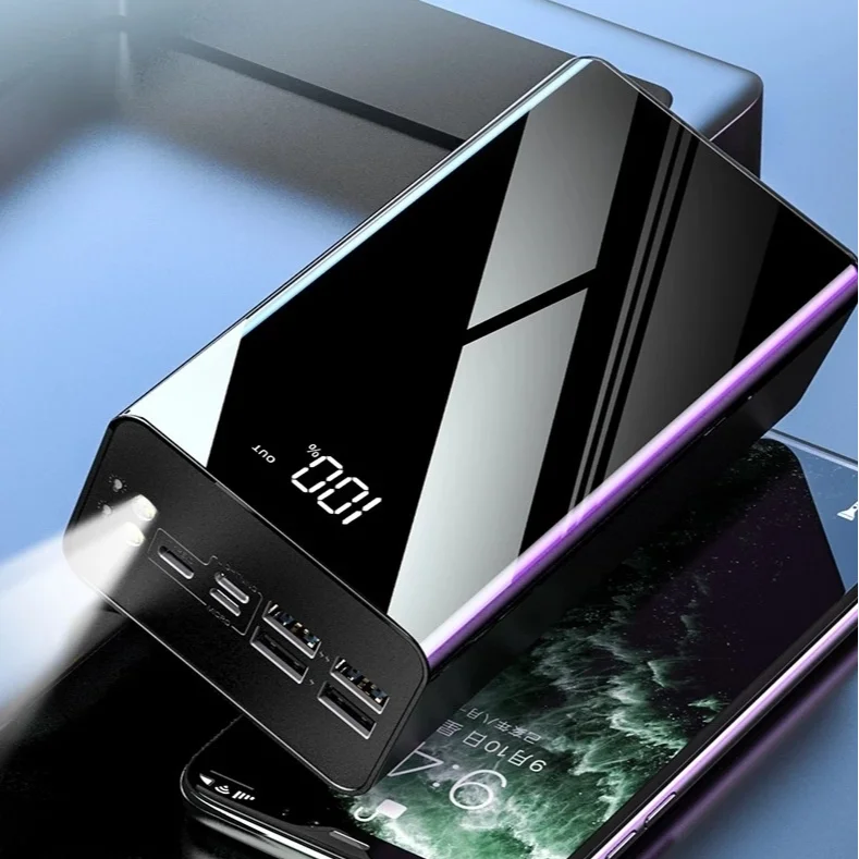 Large Capacity 4 USB Fast Charging Power Bank 50000mah Digital display LED Lights Outdoor Portable Mirror Power Bank Flashlight