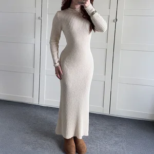 2025 New Style Dress Elegant Long-sleeved Fitted Leisure Dress Solid Color Versatile Women's Long Dress