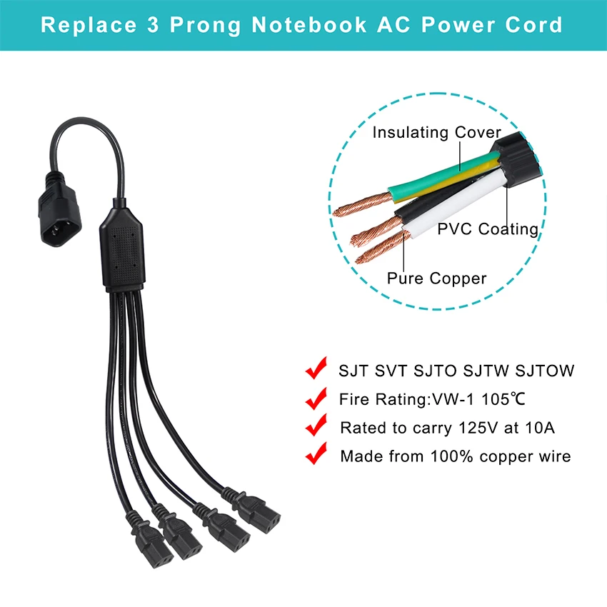 Iec C13 Panel Mount Socket Y Splitter Heavy Duty Computer Power Cord Y ...