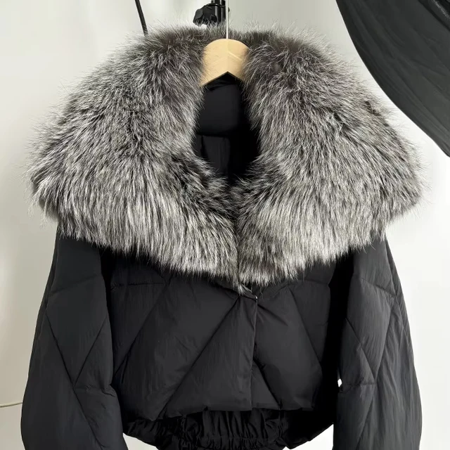 Winter Women Down Jacket Short Winter Warm Fake Fox Fur Large Fur Collar 90 White Duck Down Jacket with Puffy fur collar