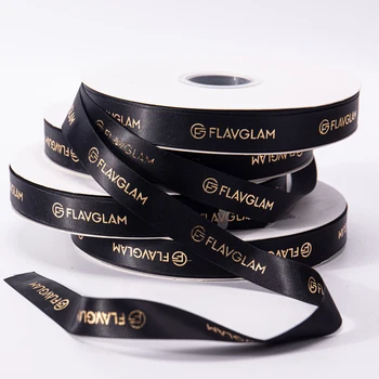 Factory Custom Personalised Grosgrain Velvet Ribbon Brand Name Logo Black Satin Ribbon Tape With Gold Foil Printed Logo