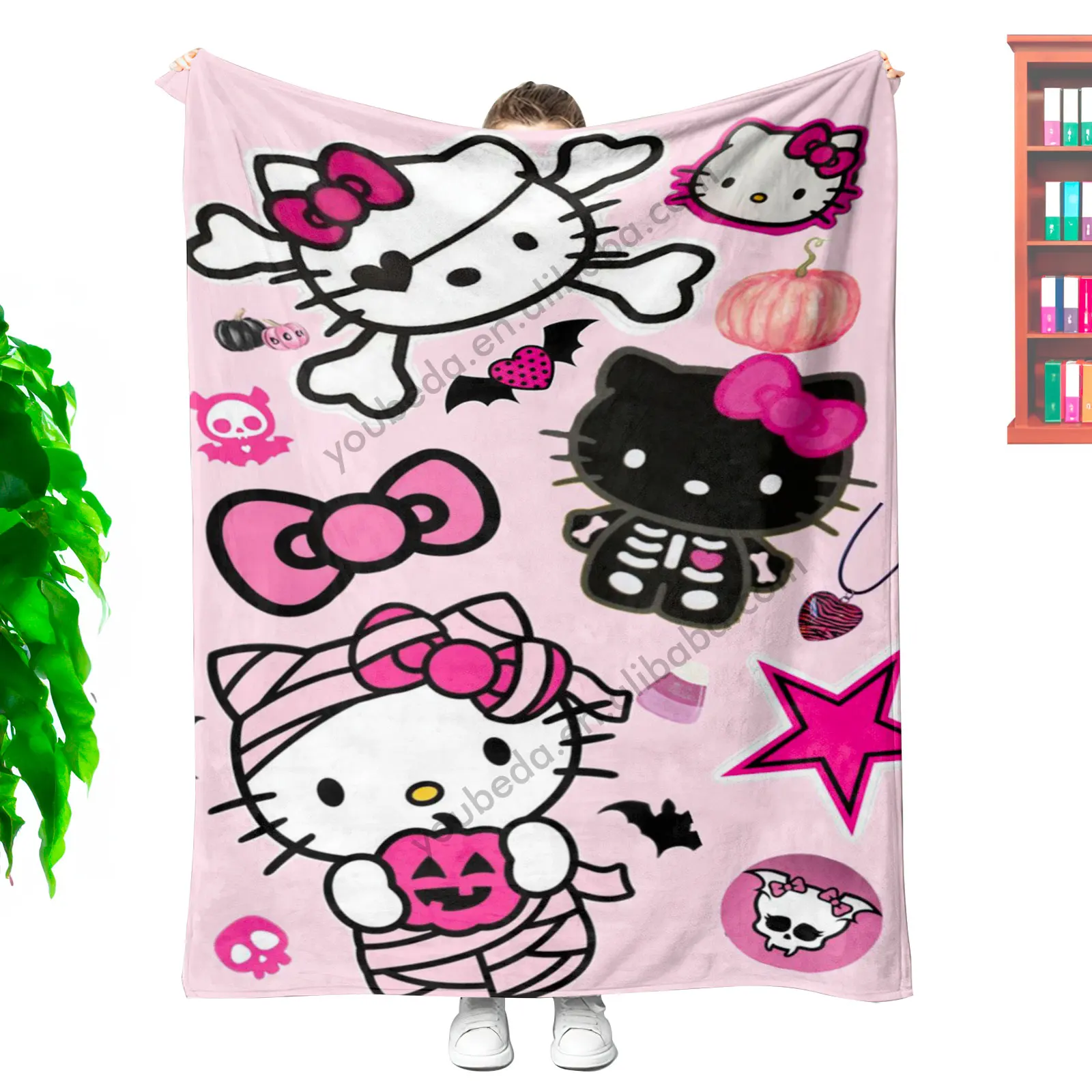 Minimum Cost Wholesale Custom Printed Designer Senrio Kids Cartoon HK Kitty Cat Character Halloween Soft Plush Throw Blanket