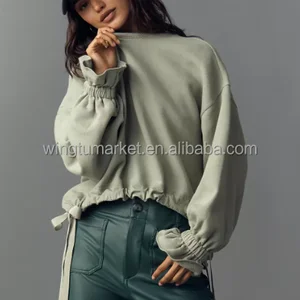 Wholesale Pullover Sage Green Oversized Long Sleeve Crew Neck Drawstring Hem Ruffle Cuff Women Sweatshirt