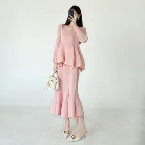 Latest Design Miyake Pleated Set:  Elegant Casual  Ruffle Top & Fishtail Skirt Women's Set