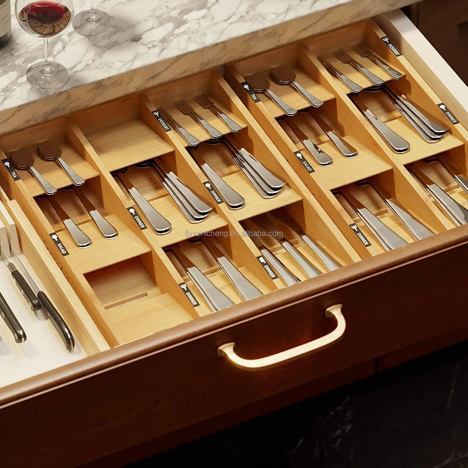 product 6 slots cbamboo silverware drawer organizer with labels kitchen utensil tray holder organizer for flatware cutlery-5