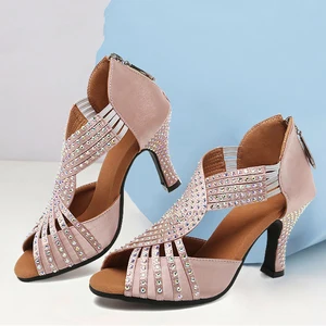 Women's Latin Dance Shoes With Diamonds Comfortable Dance Performance Shoes Outdoor Rubber-Soled Non-Slip Salsa Dance Shoes