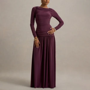 ZYHT 74123 New Fashion Abaya Purple Pleated Ruched Jersey Long Sleeve Maxi Elegant Lady Women Cocktail Christmas Evening Dresses