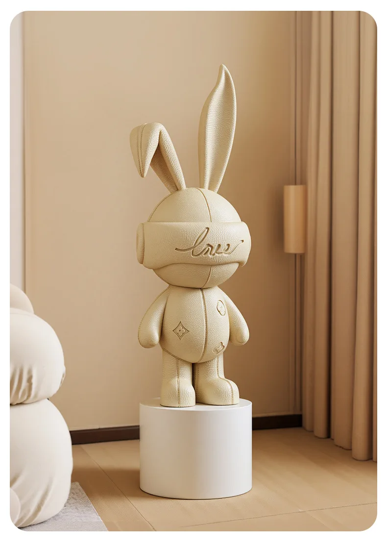 Large Beige Bunny Sculpture with Embossed Details Modern Abstract Floor Statue Home Decor Living Room Entryway Statement Piece