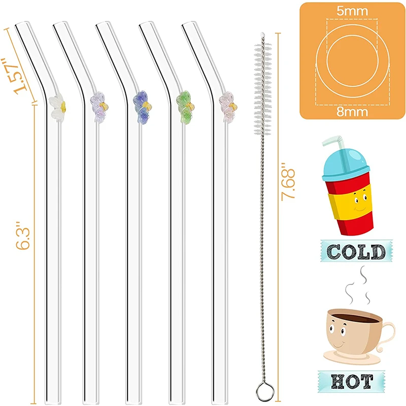 Прозрачная многоразовая Изогнутая Стеклянная соломинка для питья с красочным цветочным дизайном и чистящей щеткой