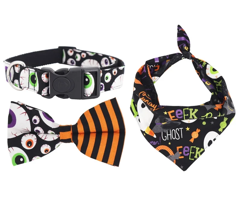 Large Boo Halloween Pattern Small Medium XLarge Adjustable Pet Collar Sizes XSmall Halloween Dog Collar with Flower or Bow Tie 