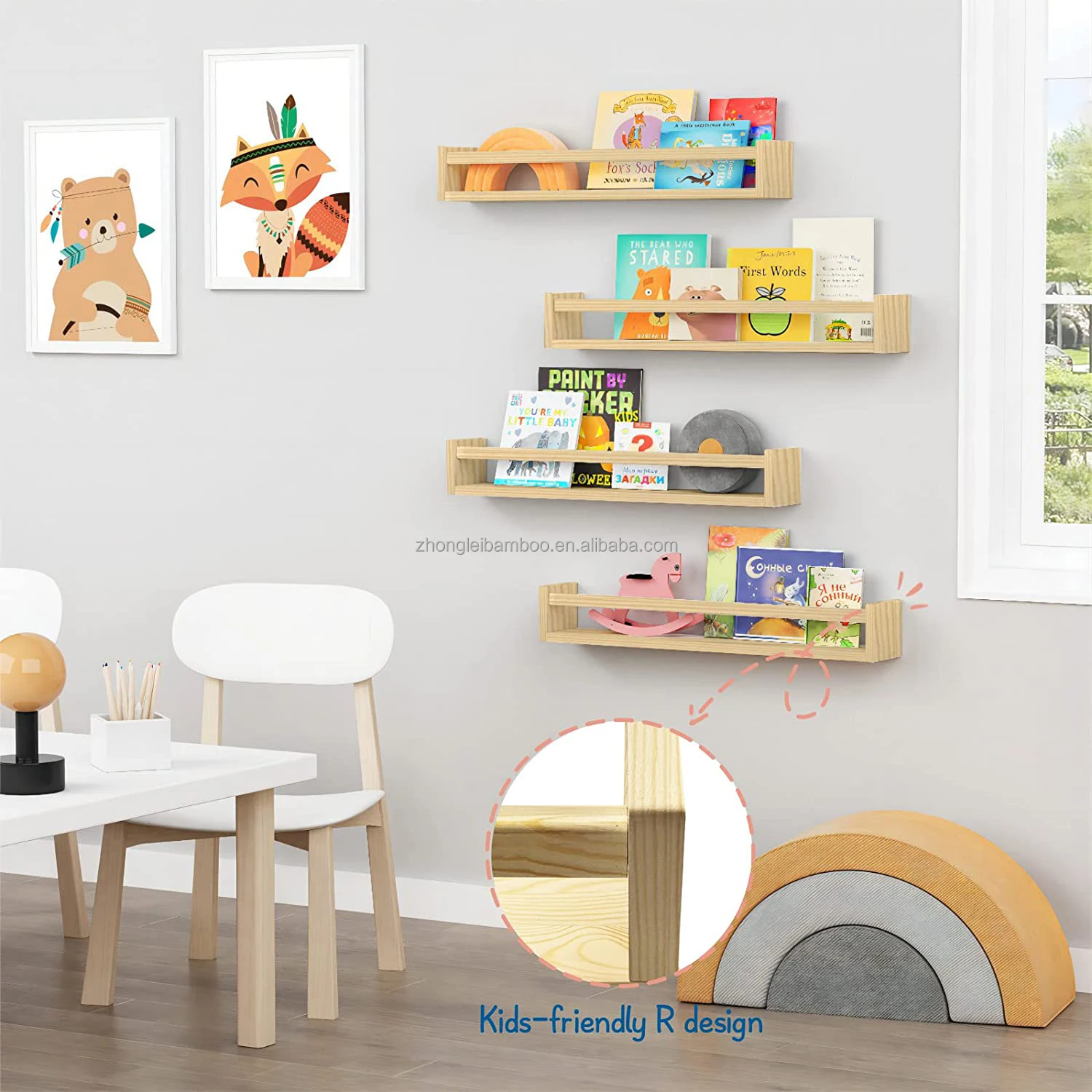 Natural Wood Nursery Bookshelves For Wall 24 Inches Long Floating Book