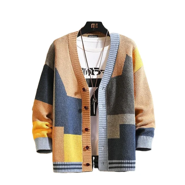 Men's Large Jacket Spring Autumn Port Wind Spliced V-Neck Knitted Cardigan Sweater Anti-Shrink Anti-Wrinkle New Men's Color