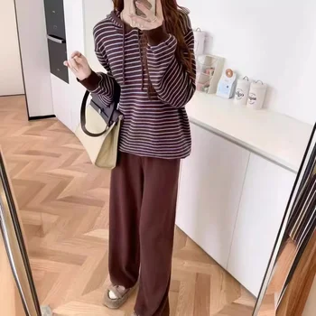 Causal Hooded Striped Sweaters Fall Long Sleeve With Plain Pants Sweatsuit Sets Women