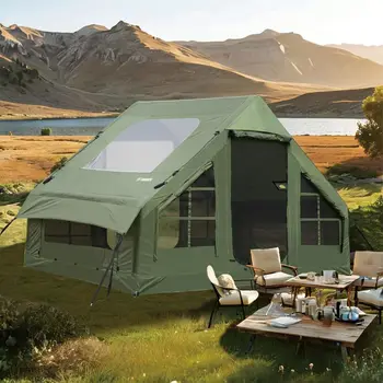 Luxury 4-Season Large Inflatable Family Glamping Tent Waterproof Oxford & TC Cotton Fabric for Outdoor Activities