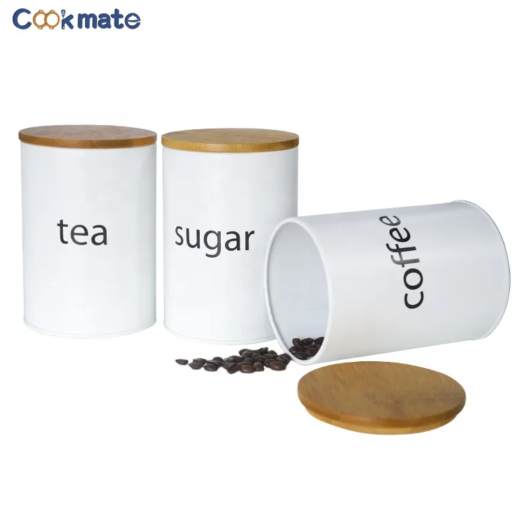 Coffee Tea Sugar Set of 3 Pack Metal Kitchen Canister Set White Food Storing Tin with Bamboo Lid