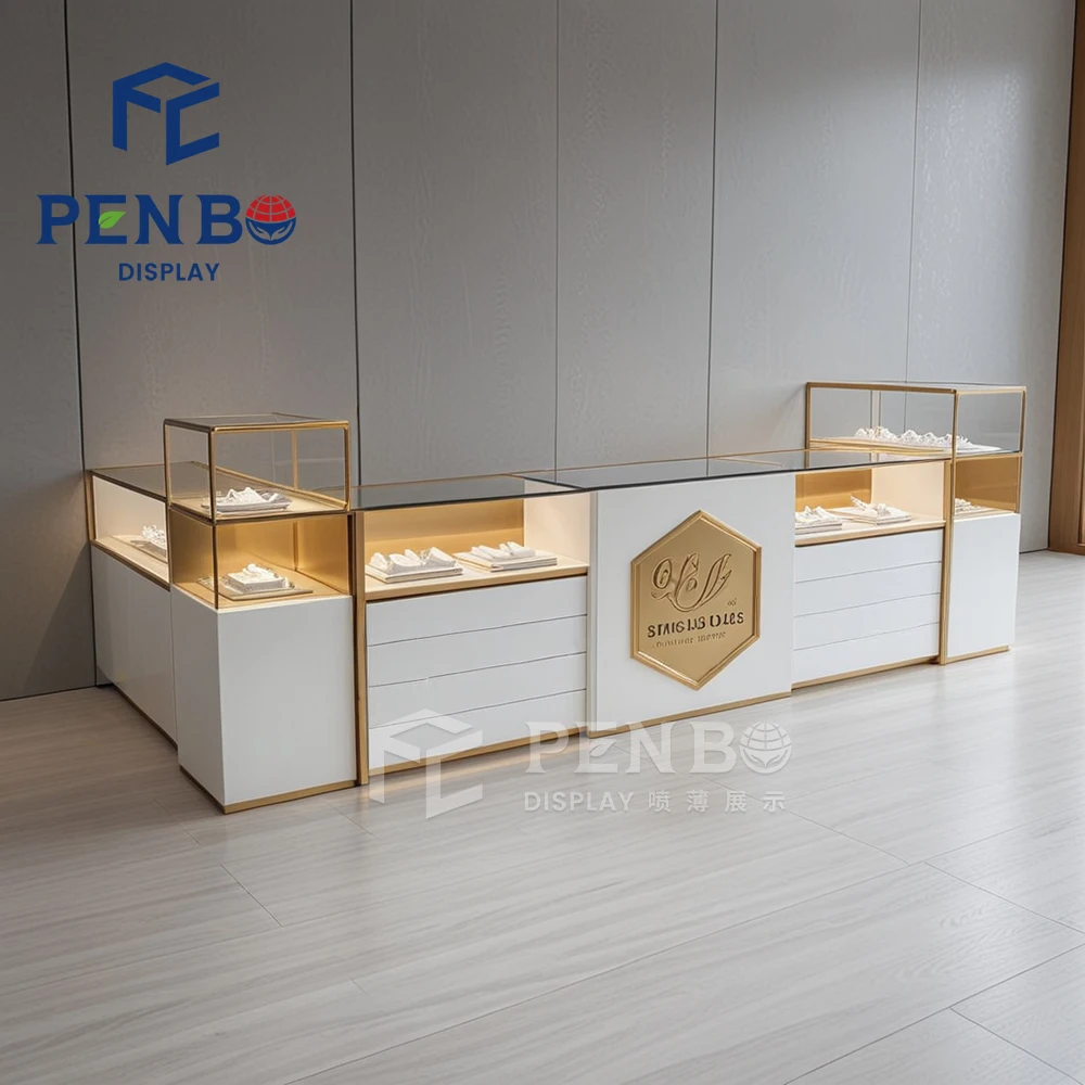 Custom Logo Mall Jewelry Kiosk Design Tempered Glass Jewellery Display Showcase Counter Jewelry Showcase Table for Showroom