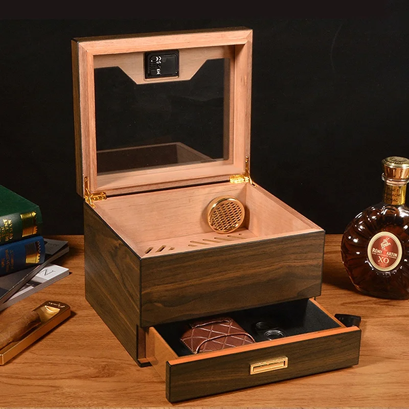 Large Capacity Desktop Cigar Humidor Classic Glass-Top Wooden Storage Box with Modern Design Style for Dubai Gift Box