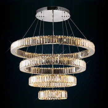 Wholesale American Contemporary Luxury Chrome Metal Large Ring LED Modern Pendant Light Natural Crystal Chandelier Lighting