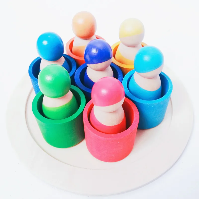 Rainbow Wooden Peg Dolls in Bowls 7 Bowls Wooden Sorting and Matching Rainbow Peg Dolls With Tray