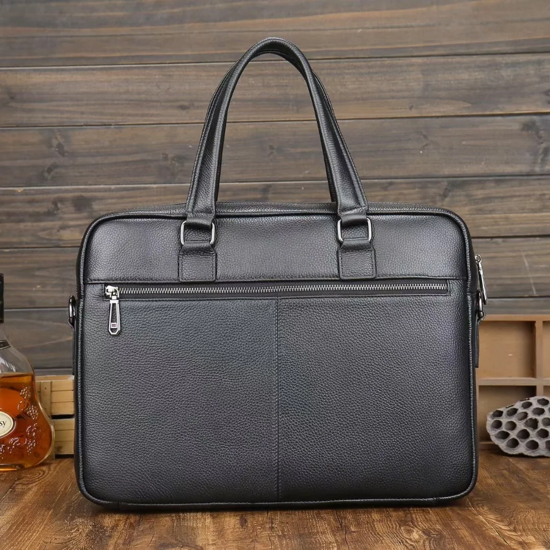 Logo Leather Cow Hide 14 Inches Case Messenger Business Bag Real Black Pebble Leather Computer Laptop Briefcases