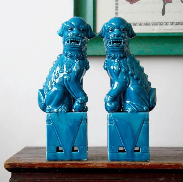 Middle  Size Blue Color Ceramic Fu Statue Home Decoration Standing Foo Dog
