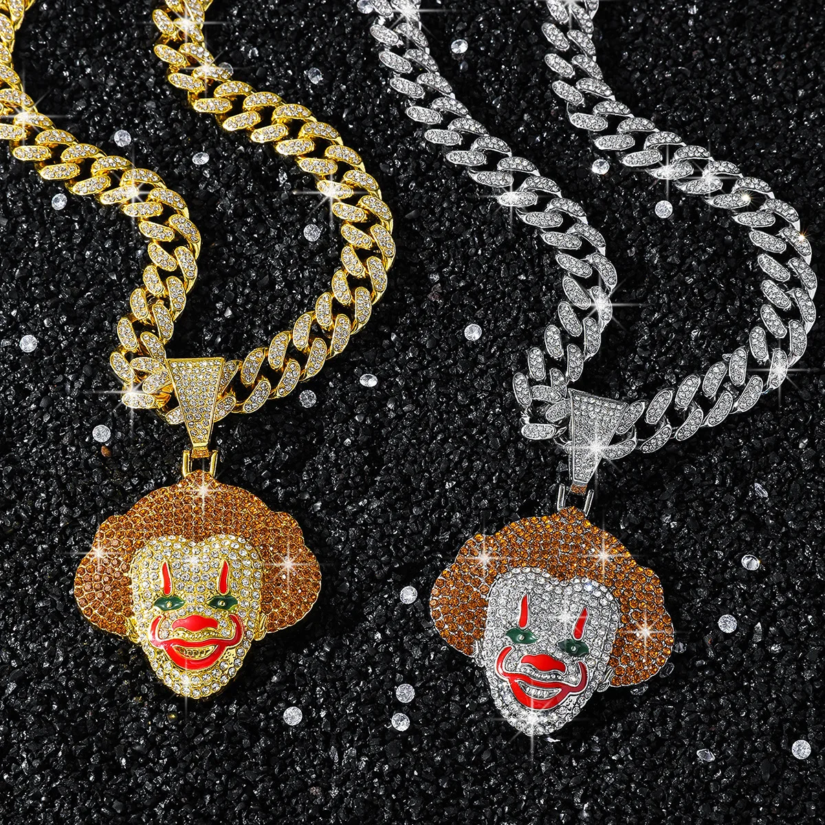 Zinc Alloy Hip Hop Punk Rhinestone Clown Pendant Necklace with