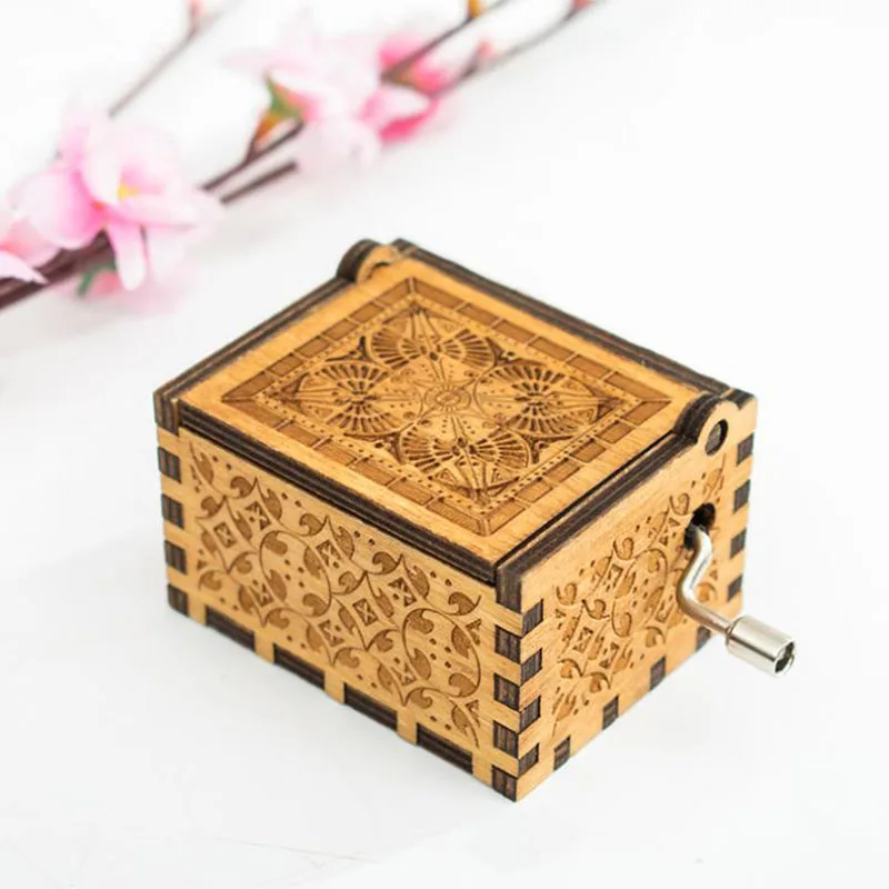 Wooden Engraved Music Box Hand Crank Happy Birthday Friends Gifts 