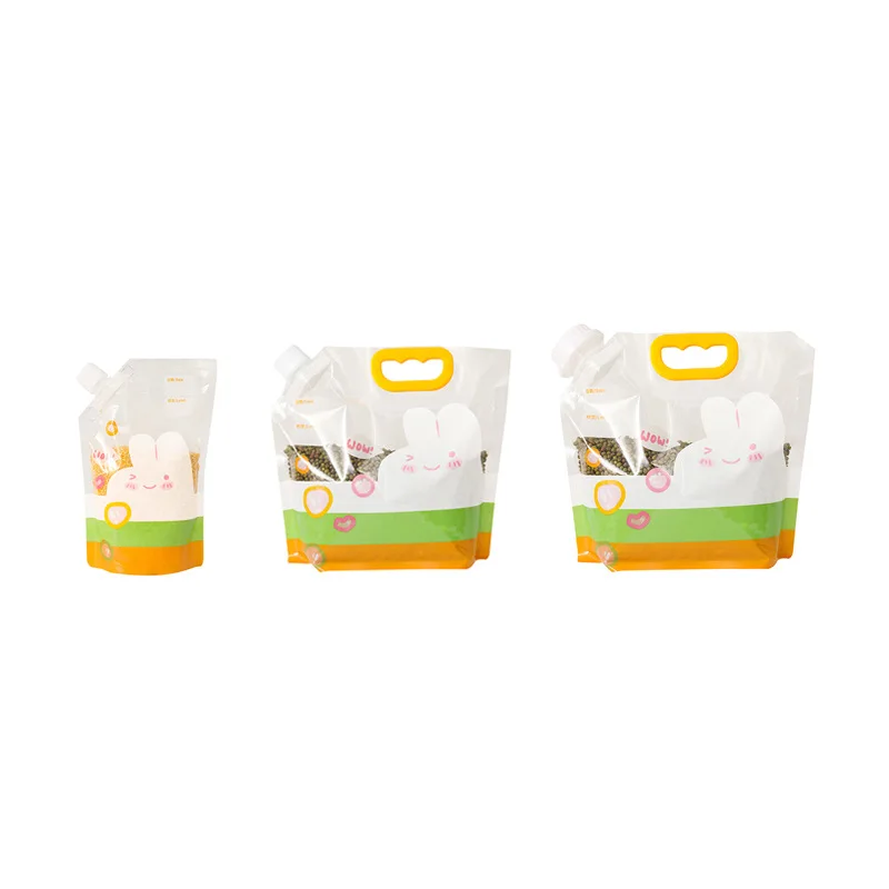Cute Pattern Transparent Food Storage Bags with Portable Handle and Spout Plastic Food Pouch for Grain Food Soup Drinks