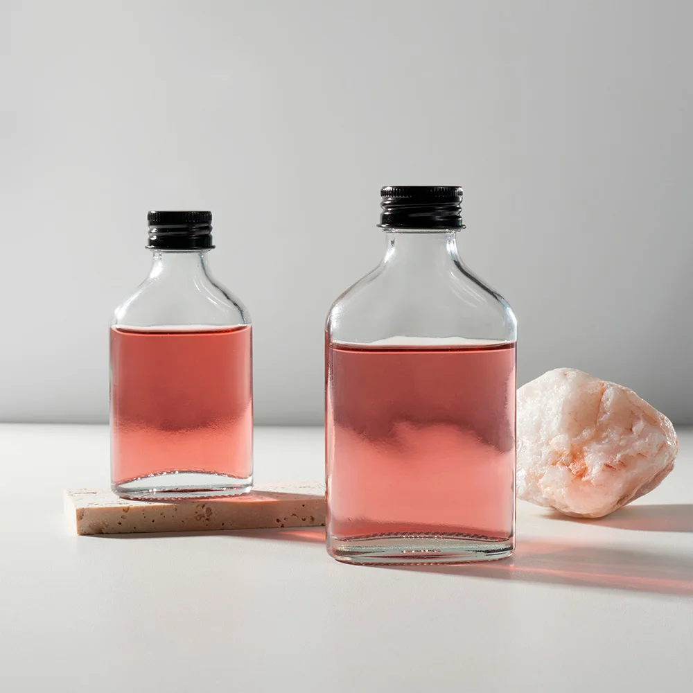 Wholesale 50ml 100ml 200ml 250ml 350ml 500ml 8oz 16oz Glass Flat square Vase  Juice Milk Glass Wine Bottles for Liquor Tea Milk