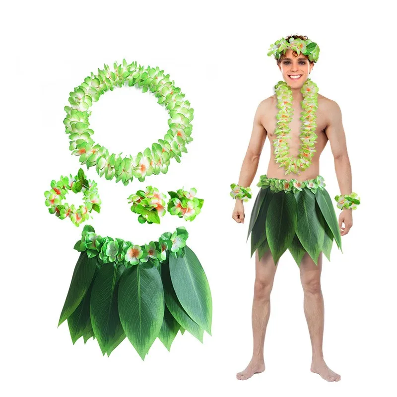 Unisex Adult Kids Grass Hula Skirt Costume Set With Leis