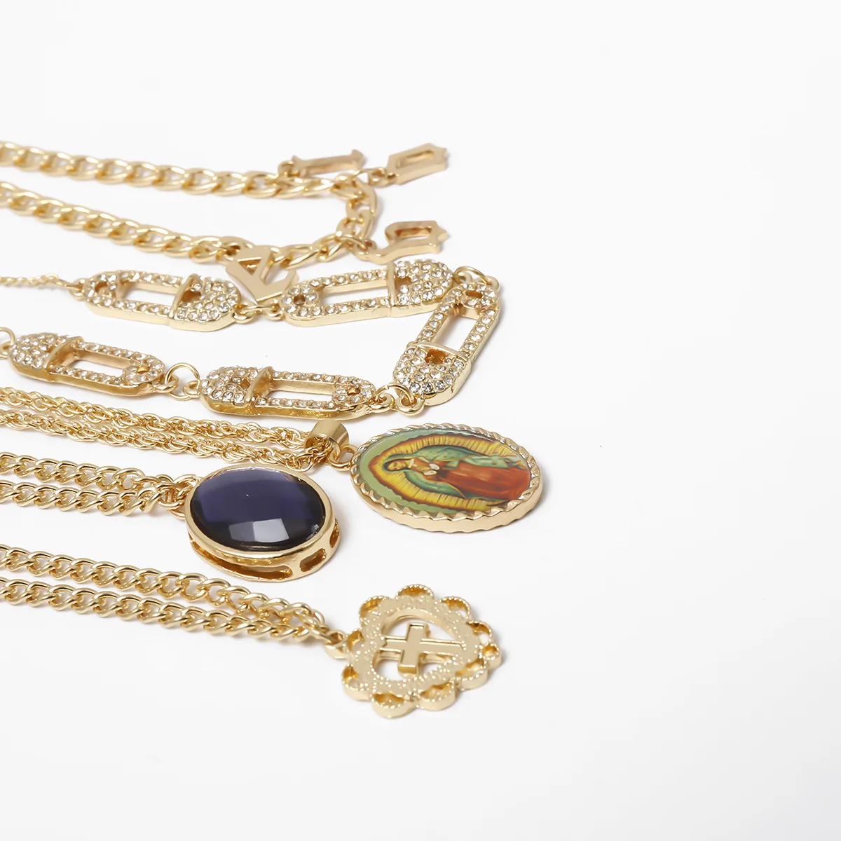 New Ins Trend Multi Layer Gold Necklace Set Hot Pin Diamond Clavicle Chain love Cross Virgin Mary Pendant Gem Necklace Jewelry