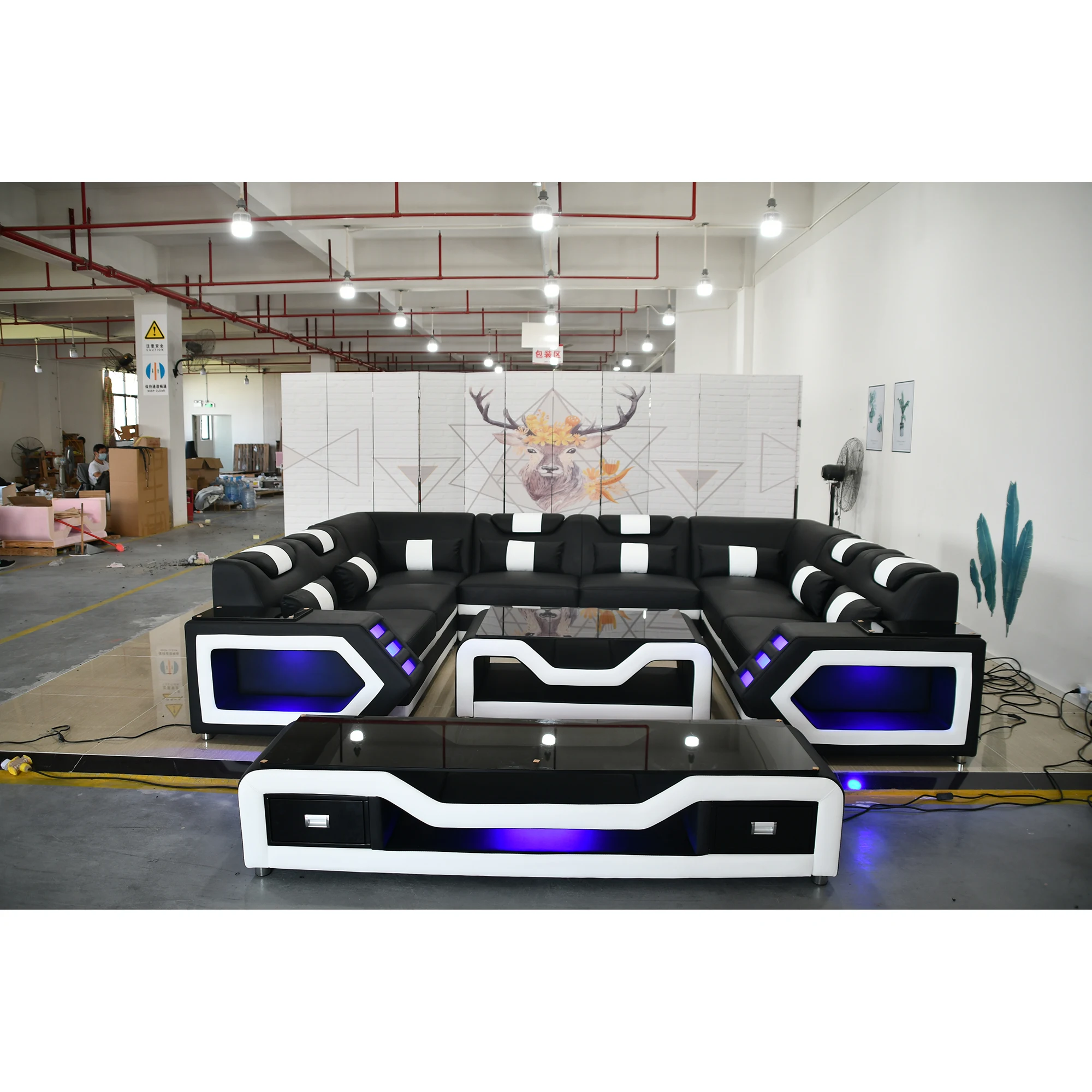 Modern Xxl U Shape Solid Wood Genuine Leather Sectional Sofa Set With