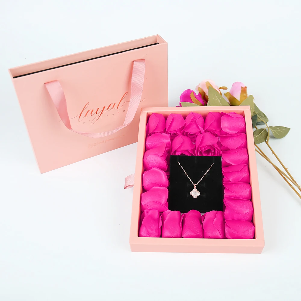 Custom Pink Valentine's Day Gift Box Paper Jewelry Packaging Drawer Box with Ribbon Handle Rose Soap Rigid Box for Necklace