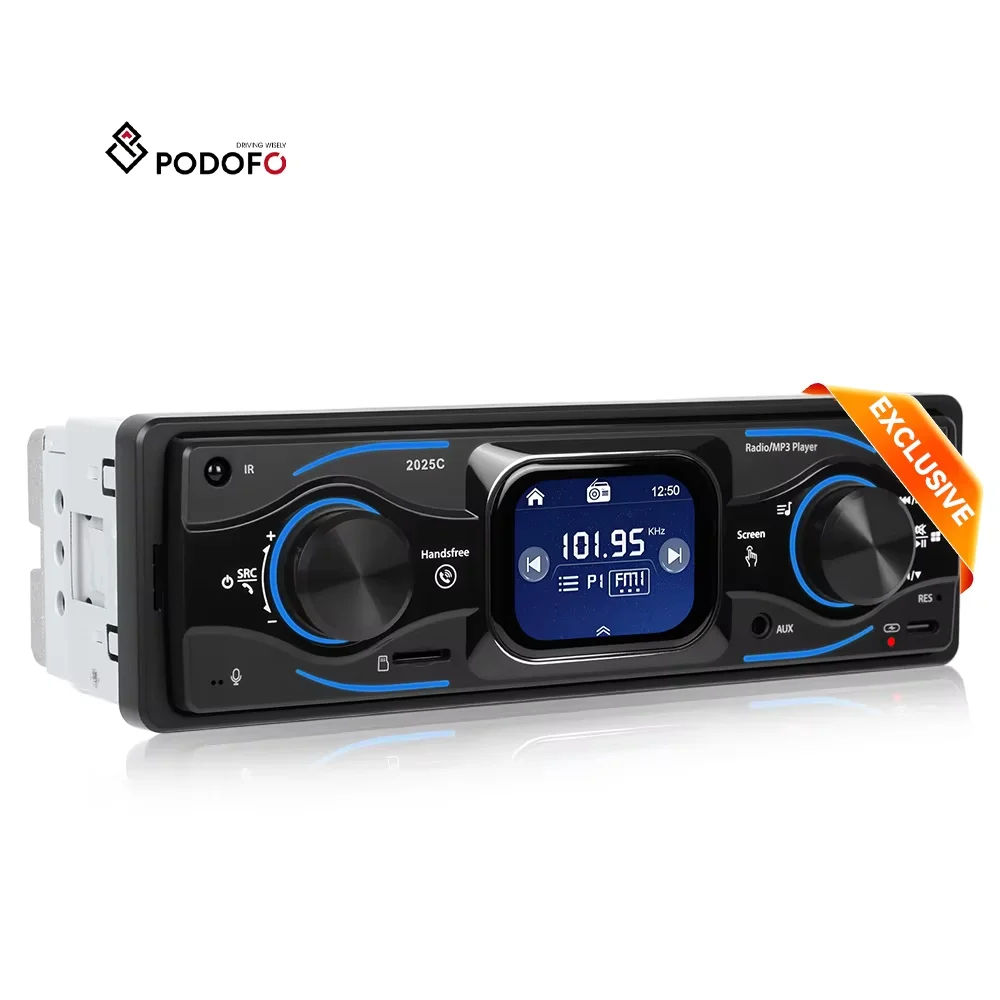 Podofo 1 Din 2.17'' Car MP3 Player Touch Screen Car Radio 2025C BT/FM/AUX/SWC/Double USB/Type-C Fast Charging/ISO Interface A4204