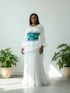 Elegant Pleated Set of Organza with Three-dimensional Flower Decorations for Relaxed Large-sized Women's Two-piece Set