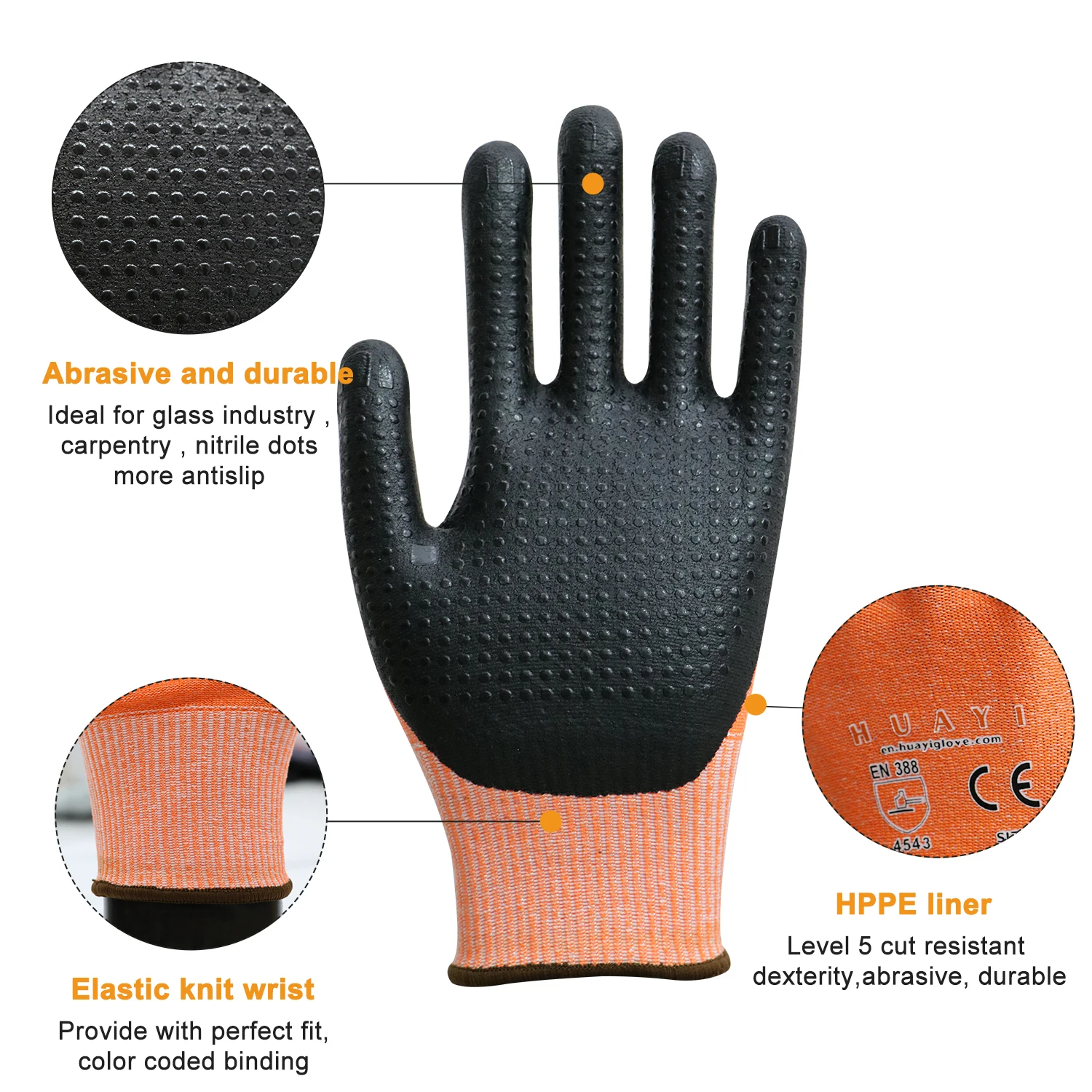 Micro Foam Nitrile Coated Orange Nitrile Gloves Palm Dotted Ansi Level