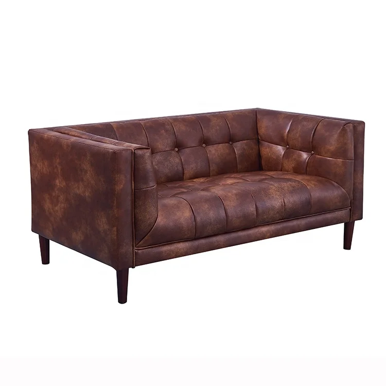 Modern Lounge Design Furniture Brown Leather Loveseat Sofa Living Room Wooden Sofa