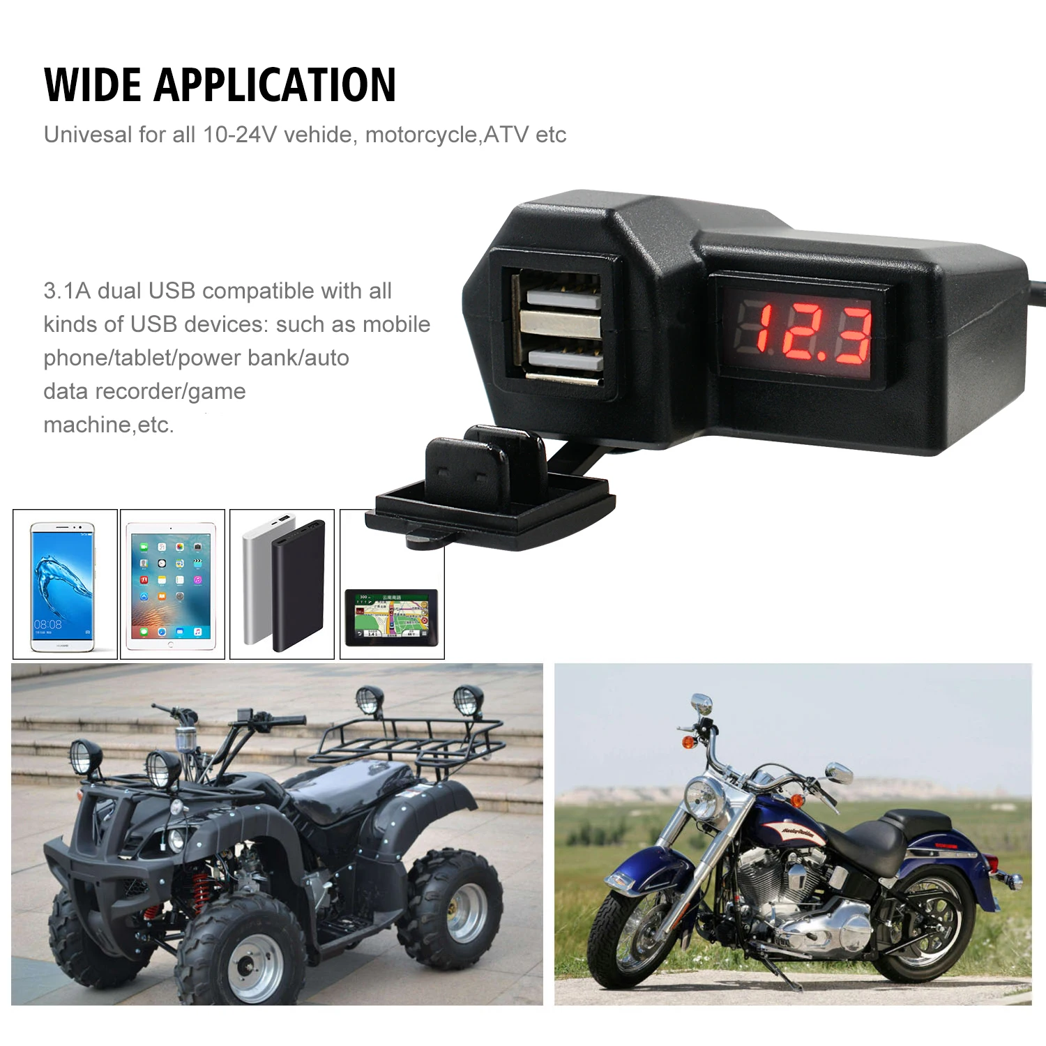 Waterproof & Dustproof  Motorcycle Voltmeter With Double USB Port Fast Charging USB Port For Cell Phone