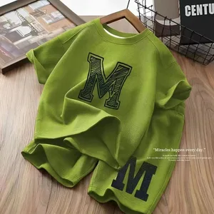 Summer Boys' Stylish Printed Jersey Casual Suit Comfortable Relaxed Short-Sleeved Breathable Letter Pattern