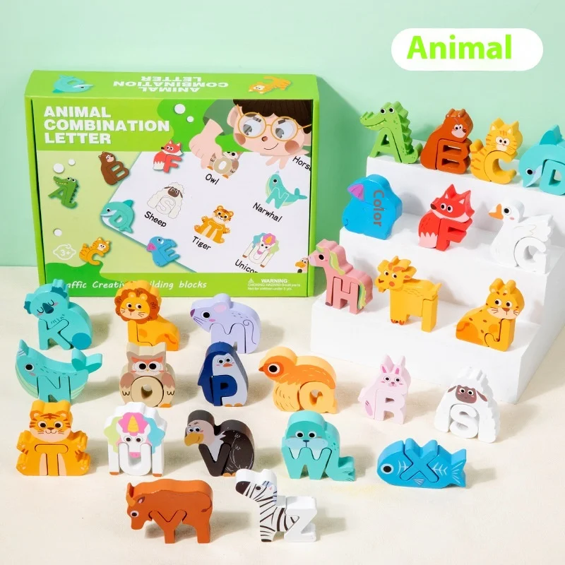 Montessori Educational Wooden Animal Alphabet Puzzles Matching Game for Toddlers ABC Letters Block Set Toys